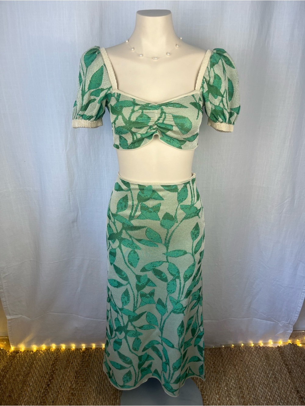 Zara Green and Cream Leaf-Print Maxi Skirt and top